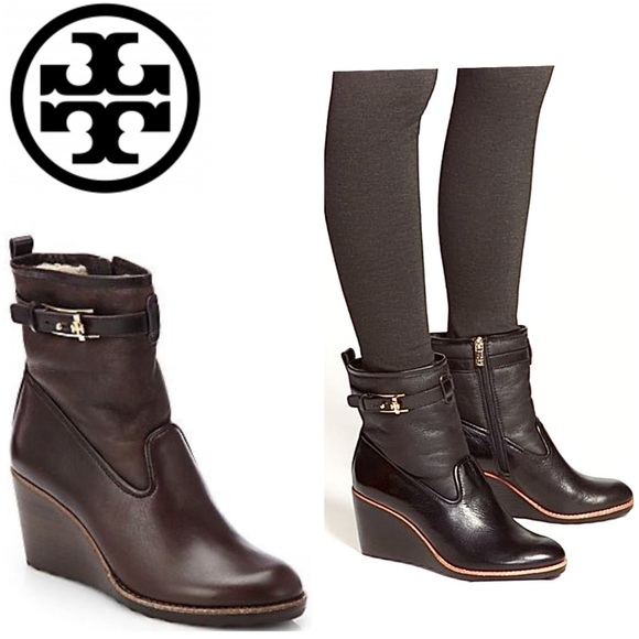 TORY BURCH PRIMROSE SHERPA LINED WEDGE HEEL LEATHER BOOTS - Picture 2 of 16